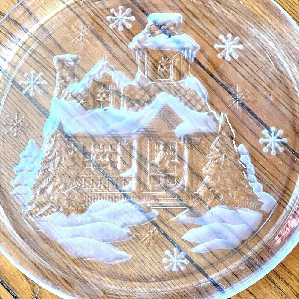 Vintage ARCOROC Glass Serving Platter – Winter Cottage Snow Scene, 13